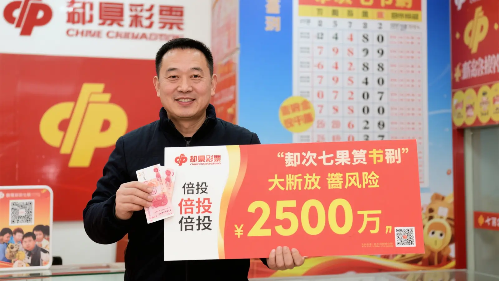 男子随手机选+倍投，意外揽获七星彩2500万大奖